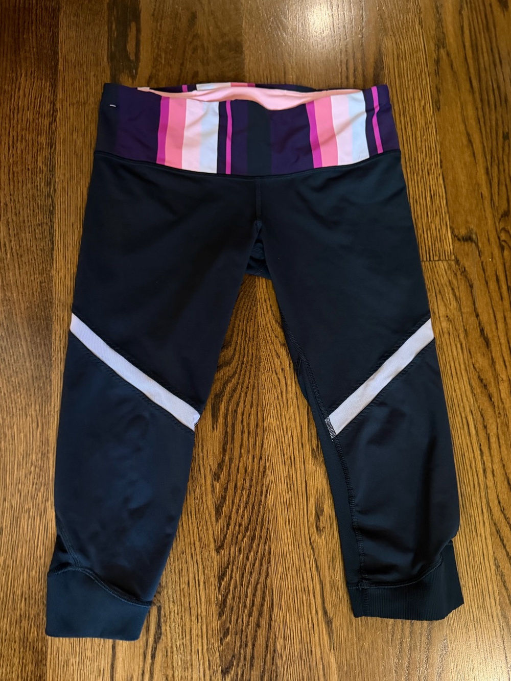 lululemon athletica Black Capri Leggings with Pink and Purple Striped Waistband